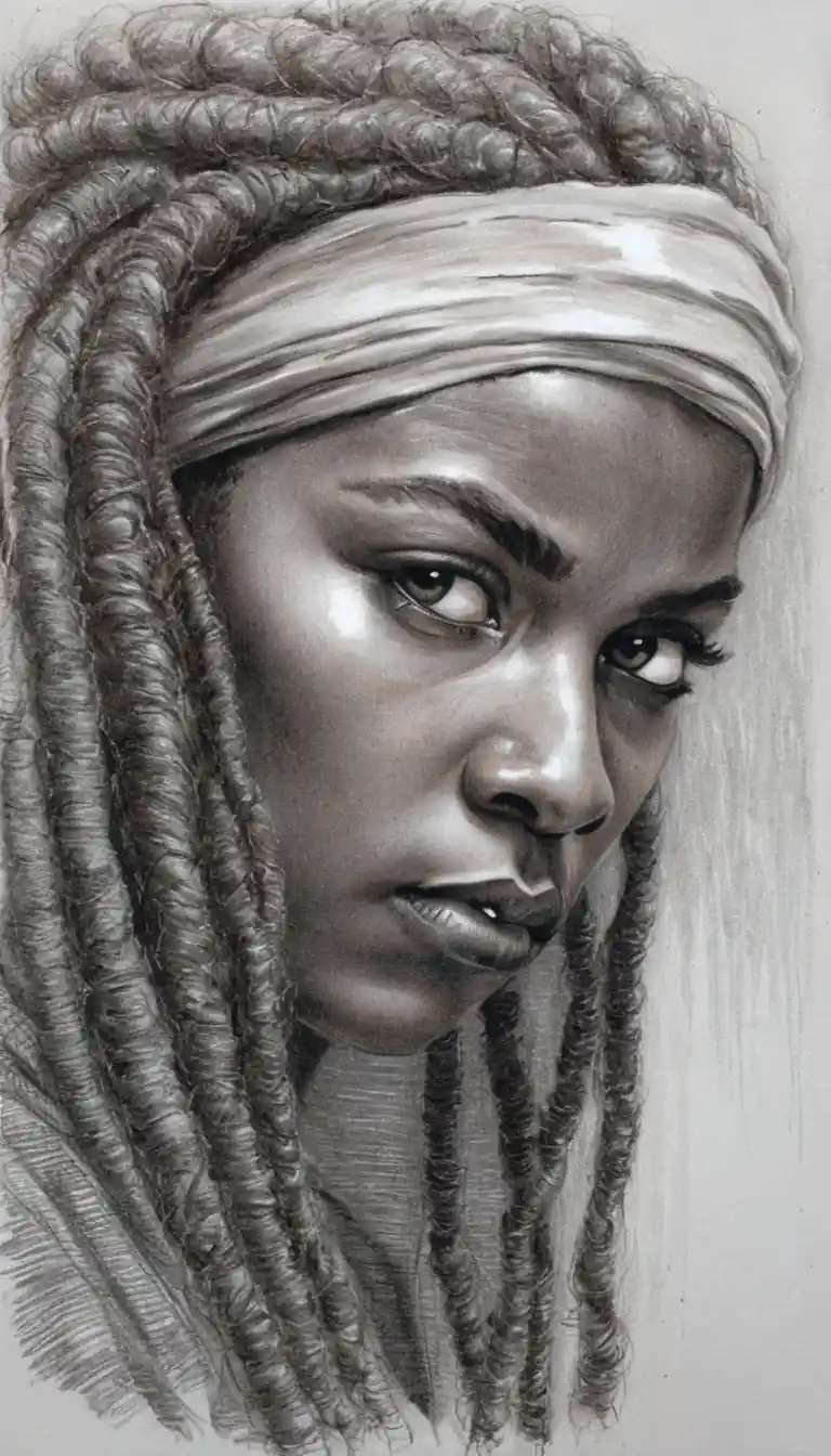 Graphite portrait of a young woman with defiant downward gaze