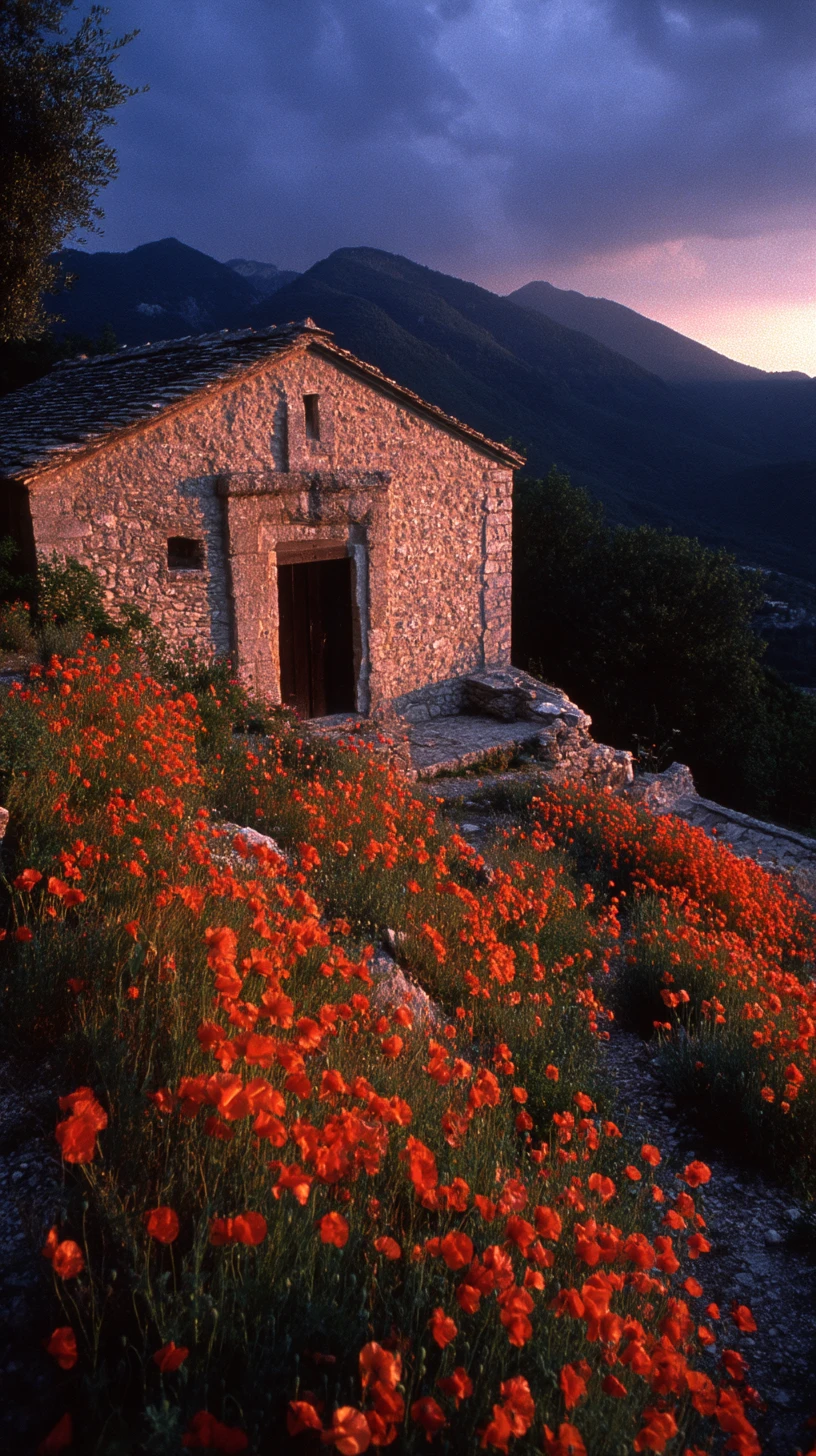 Alte Kapelle auf einem Hügel über einem karminroten Mohnfeld bei Sonnenuntergang