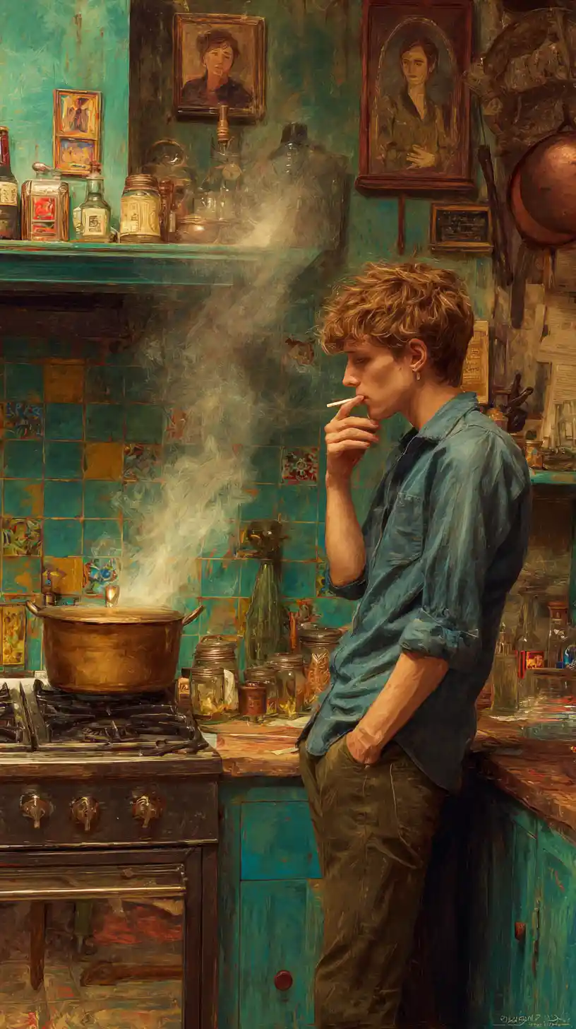Giovane che fuma in una cucina rustica bohemien
