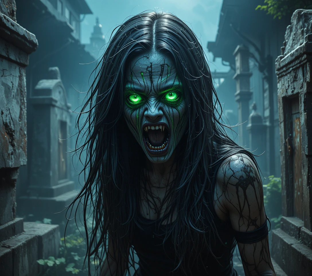 Undead woman with glowing green eyes in a dark graveyard