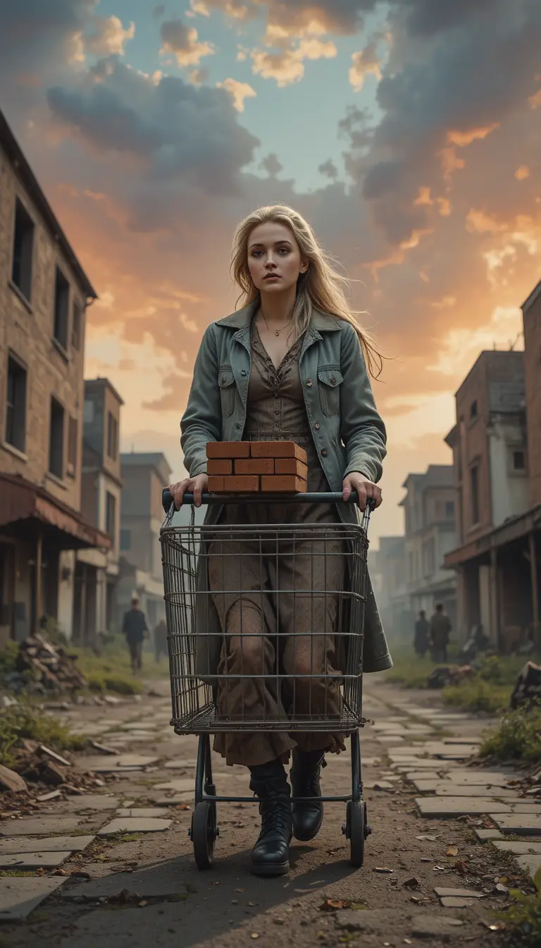 Older woman with cart in abandoned city at dramatic dusk
