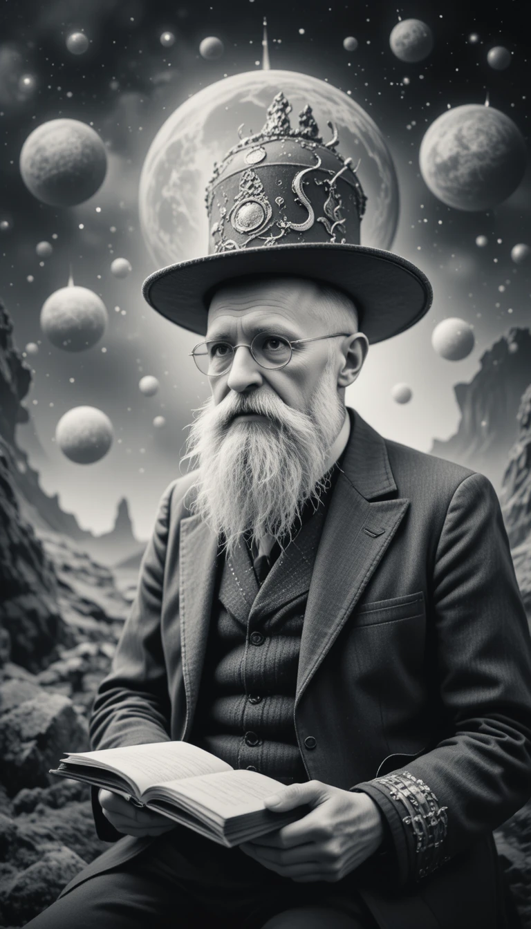 Surreal old man in a suit reading among cosmic planets