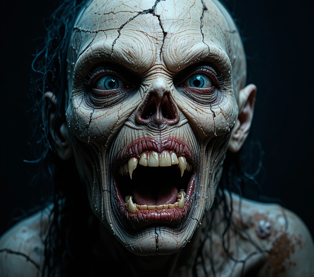 Close up of a grotesque decaying zombie with sharp fangs