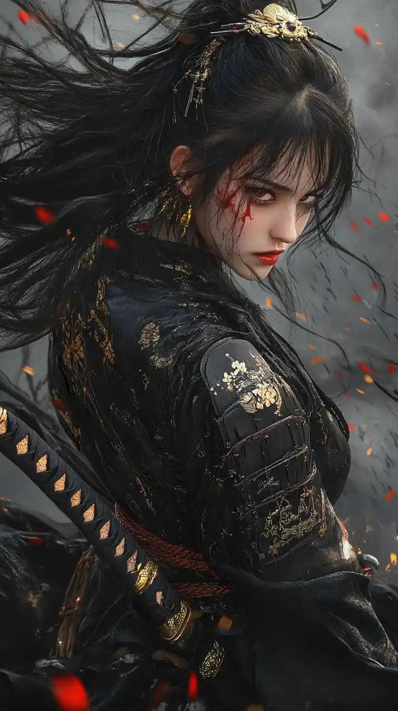 Samurai oscura in armatura con katana intrisa di sangue