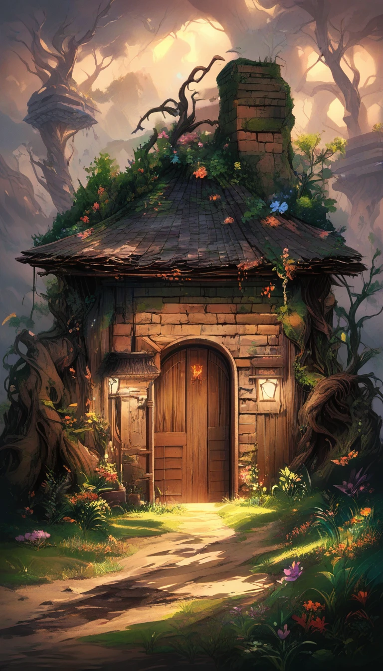 Antico cottage in un giardino oscuro e invaso dalla vegetazione di notte
