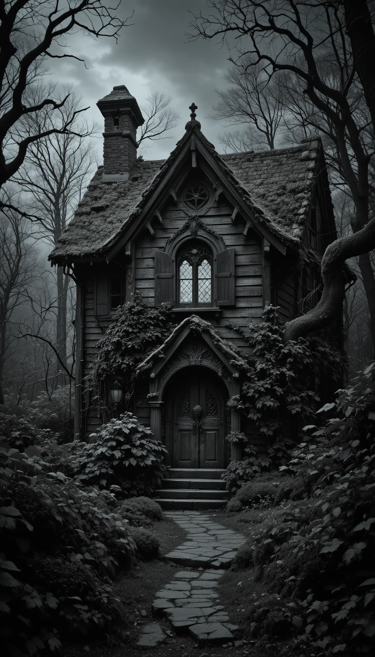 Ancient cottage in a twisted overgrown garden at night