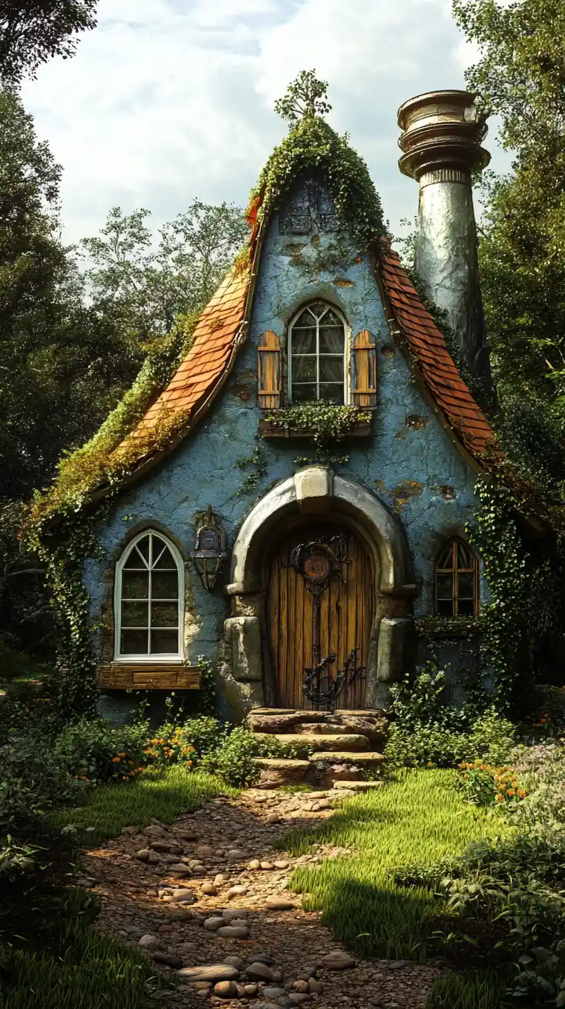 Old stone cottage with moss roof in wild garden