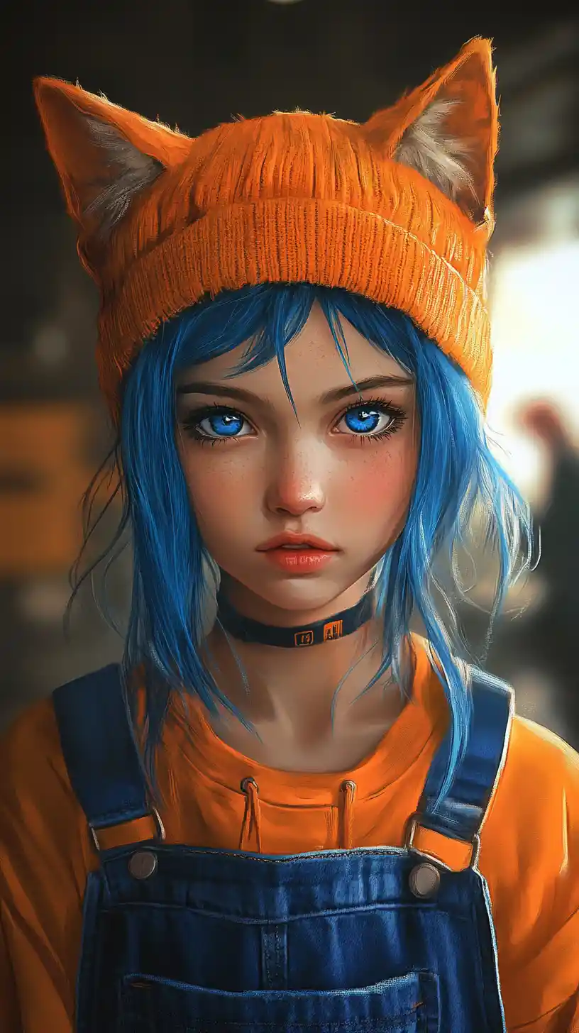 Anime girl in orange beanie with cat ears close up