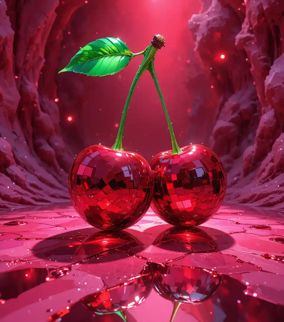 Twin glassy cherries glowing in a ruby abstract space