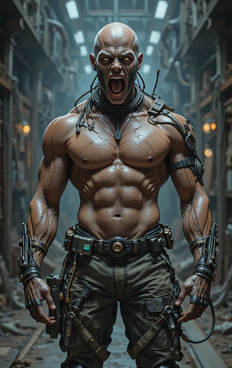 Muscular cyborg man in camo pants in industrial setting