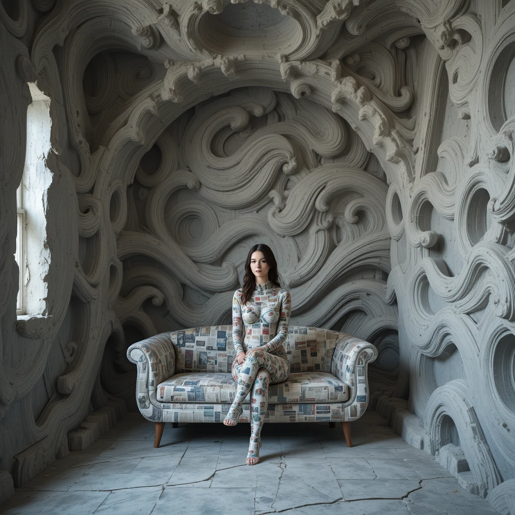 Surreal woman with newspaper skin in abstract interior room