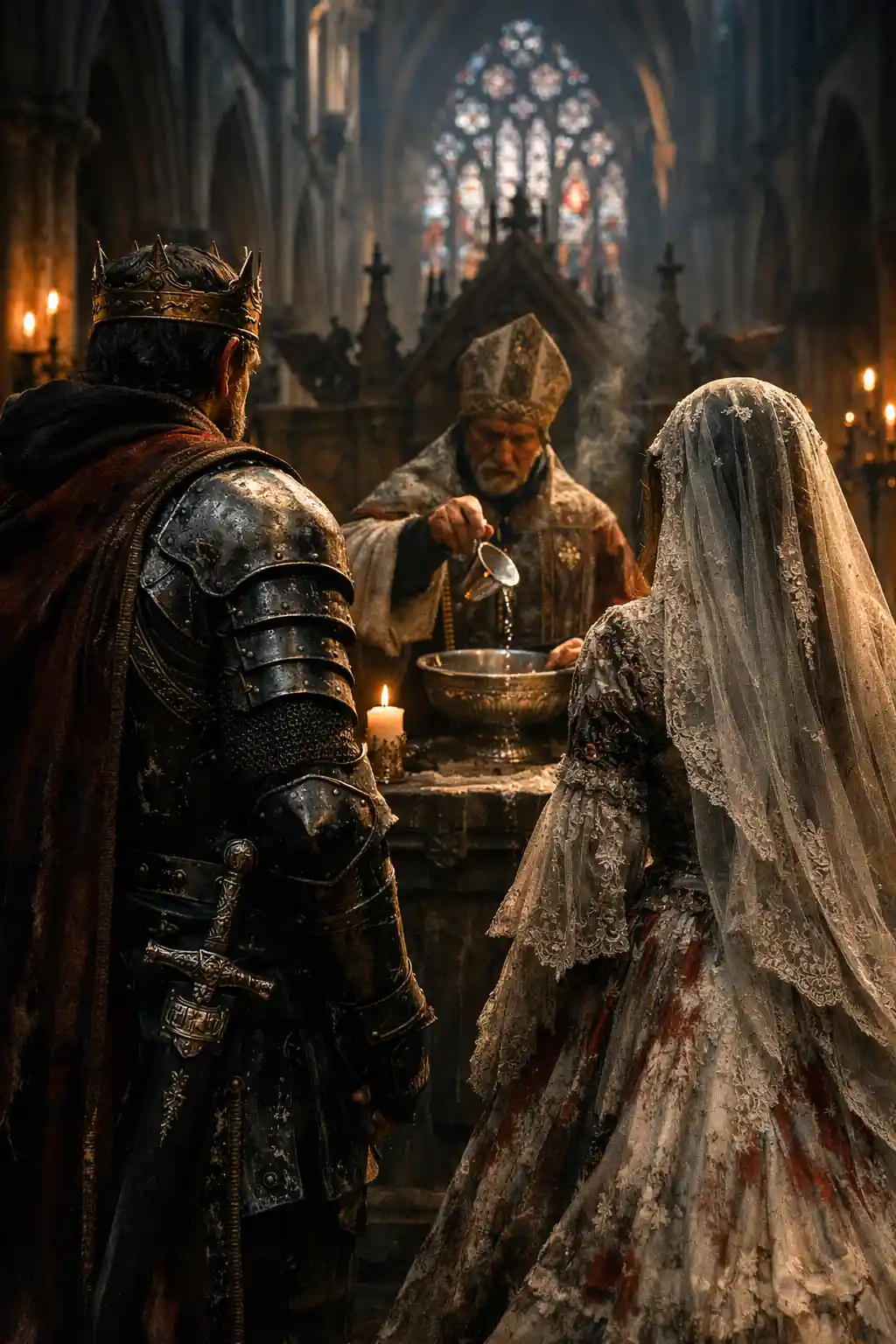 Re e sposa davanti a un altare gotico in una cattedrale oscura