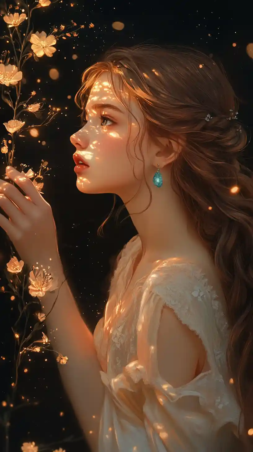 Ragazza anime in foresta al chiaro di luna che tocca una vite luminosa