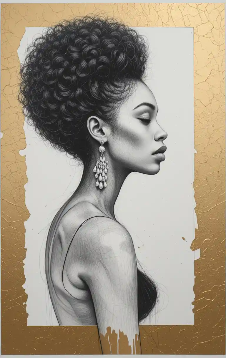 Graphite profile portrait of a young woman with afro hair