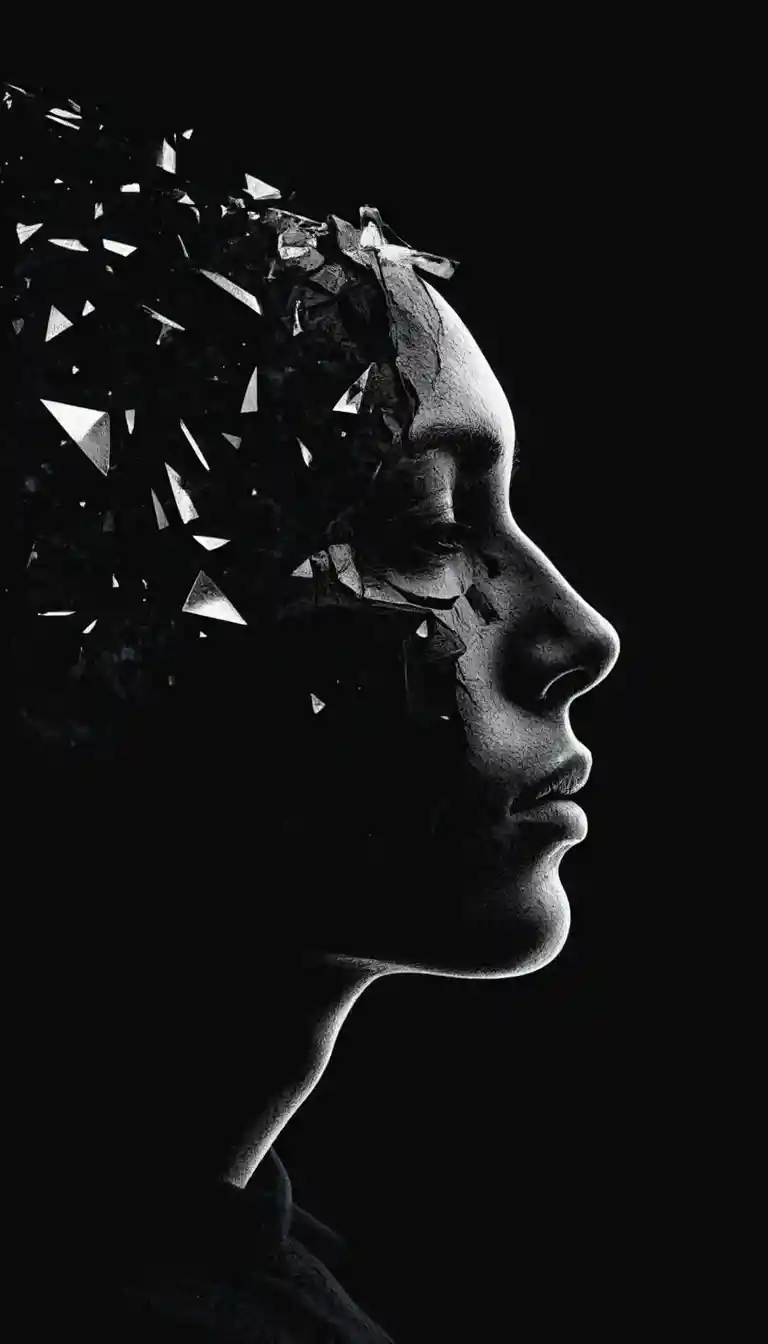 Minimalist Shattered Face Silhouette On Black Background