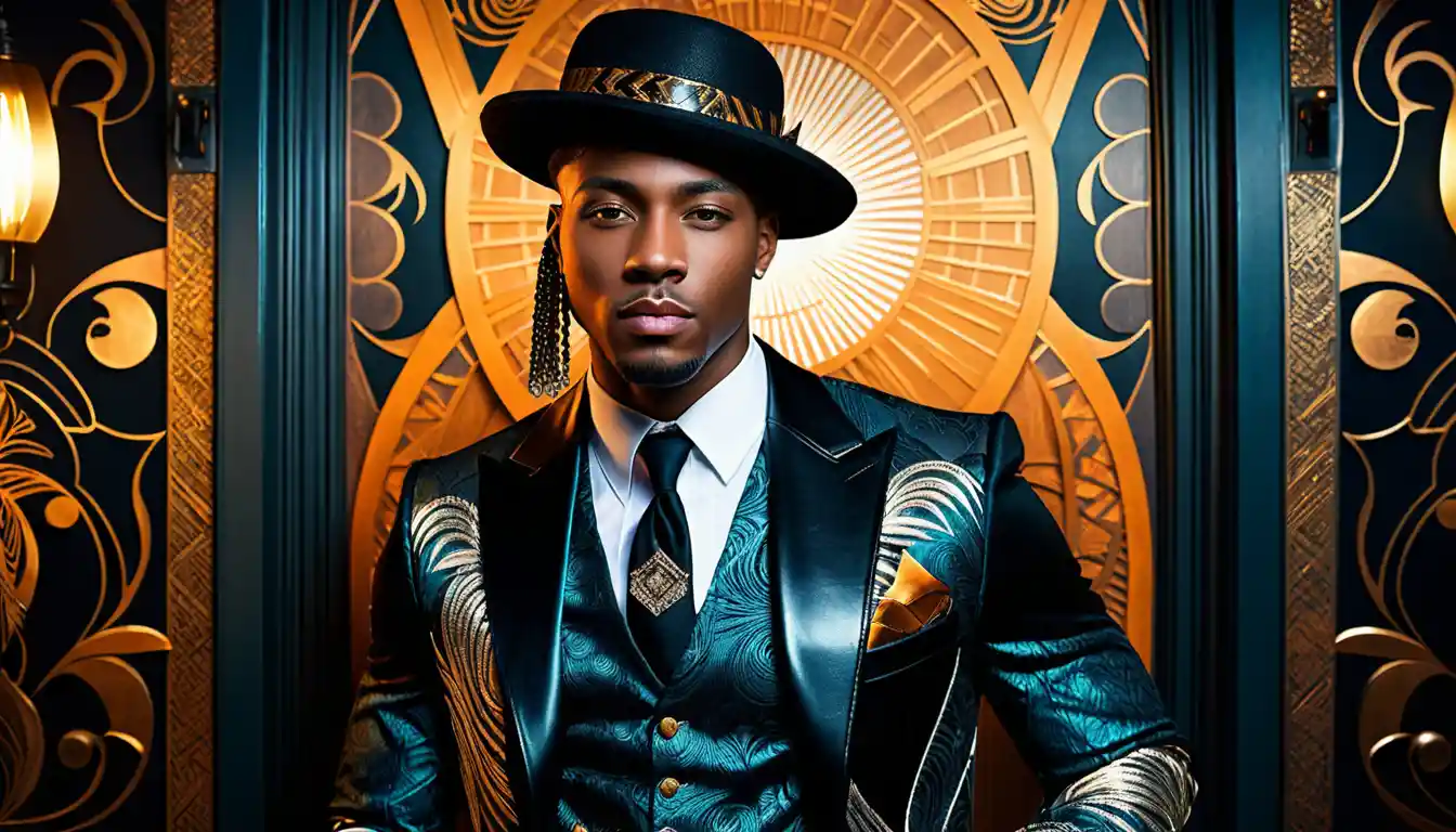 Stylish black man in surreal Harlem Renaissance punk fashion