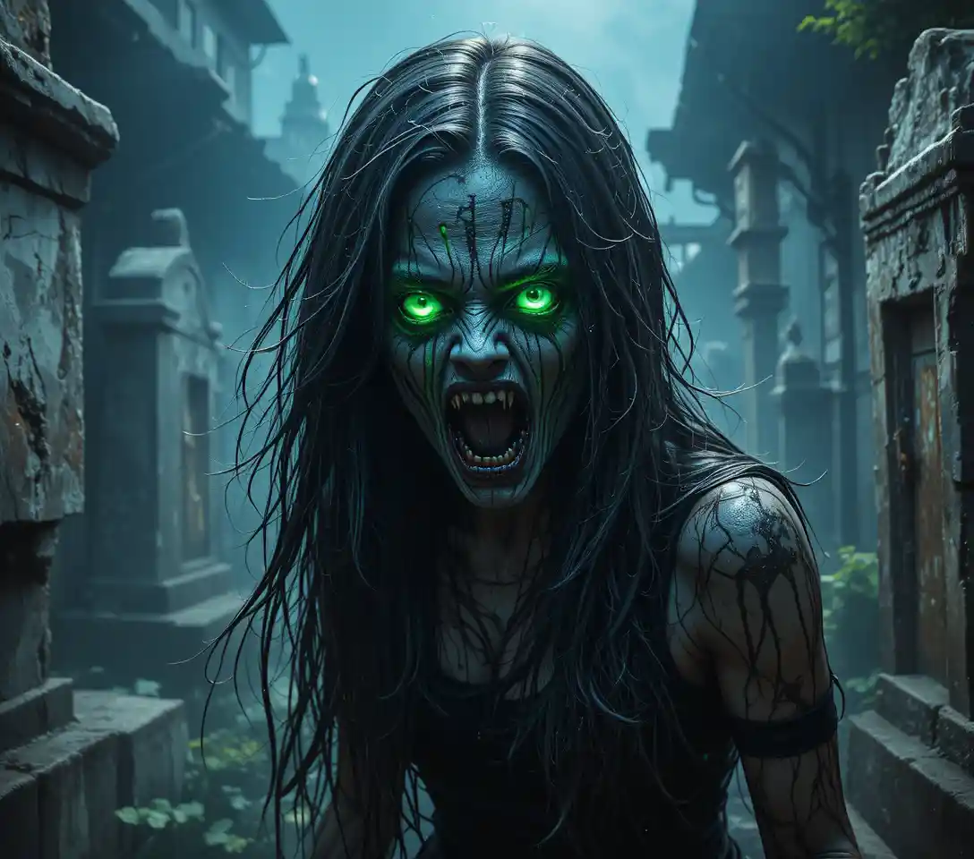 Undead woman with glowing green eyes in a dark graveyard