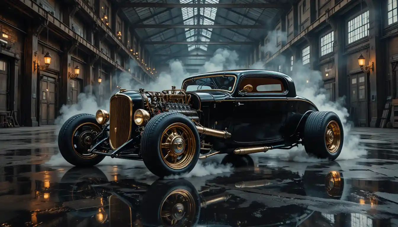 Retro futuristic hot rod in a shadowy industrial warehouse