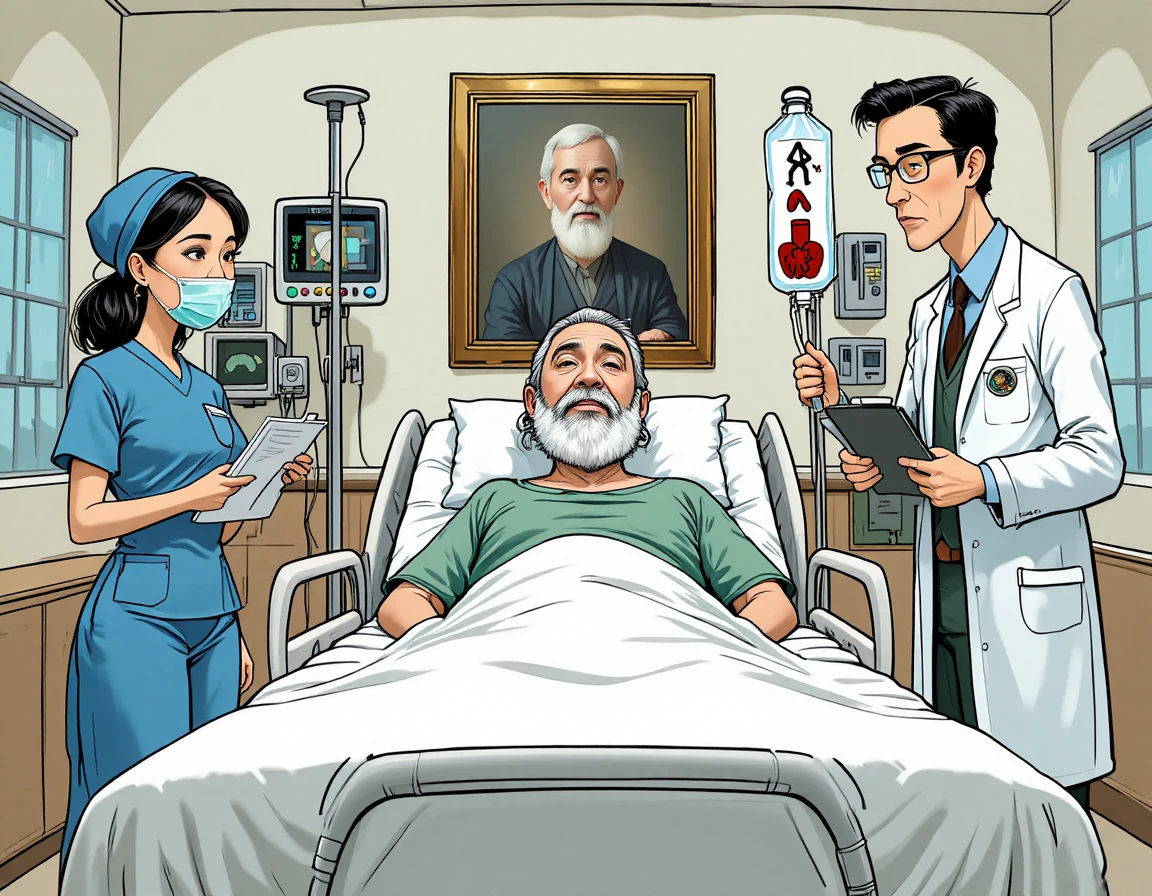 Ärzte und Pflegekräfte behandeln einen Patienten in einem ruhigen Krankenzimmer