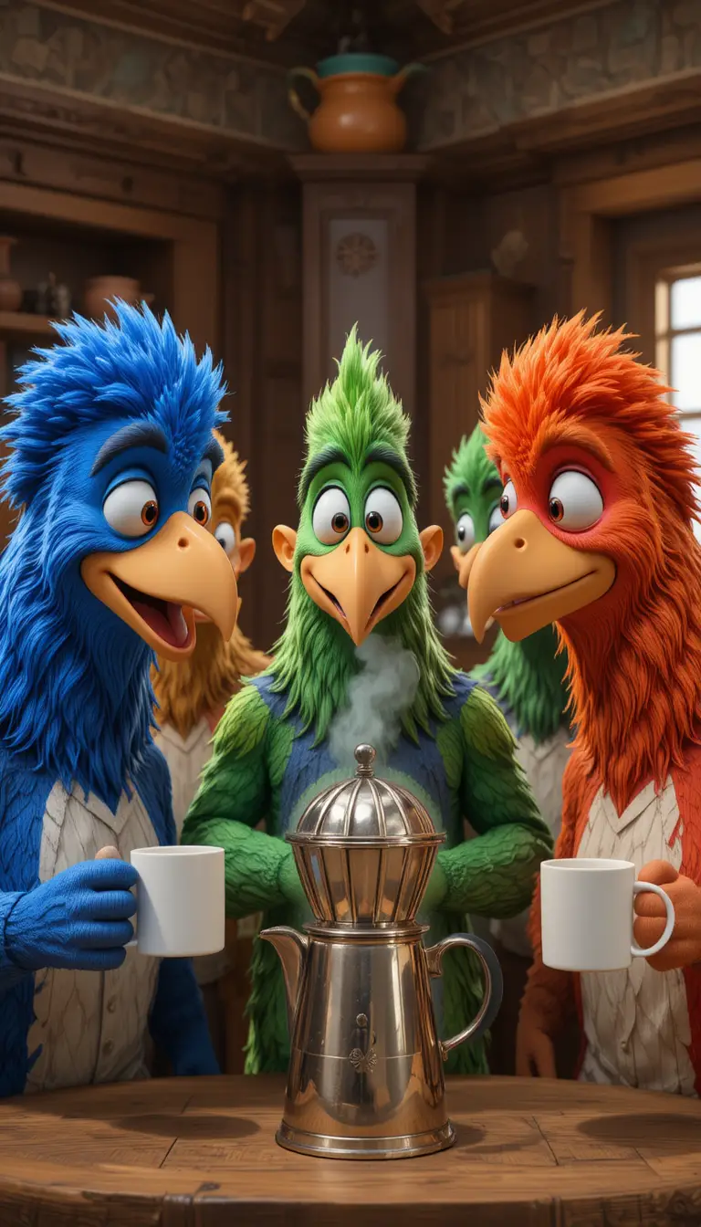 Colorati polli cartoon che condividono il caffè in una cucina accogliente