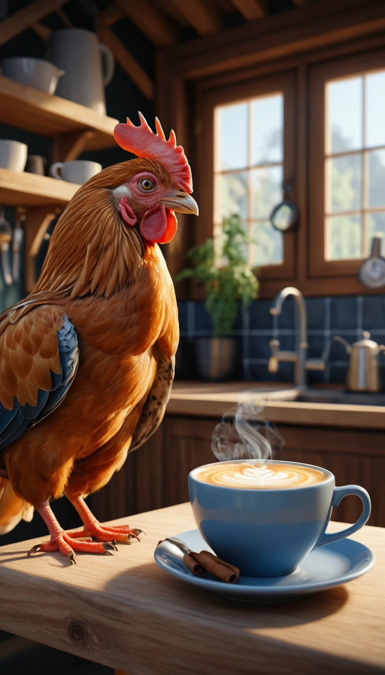 居心地のよい素朴なキッチンでコーヒーを分け合うカートゥーン調のニワトリたち