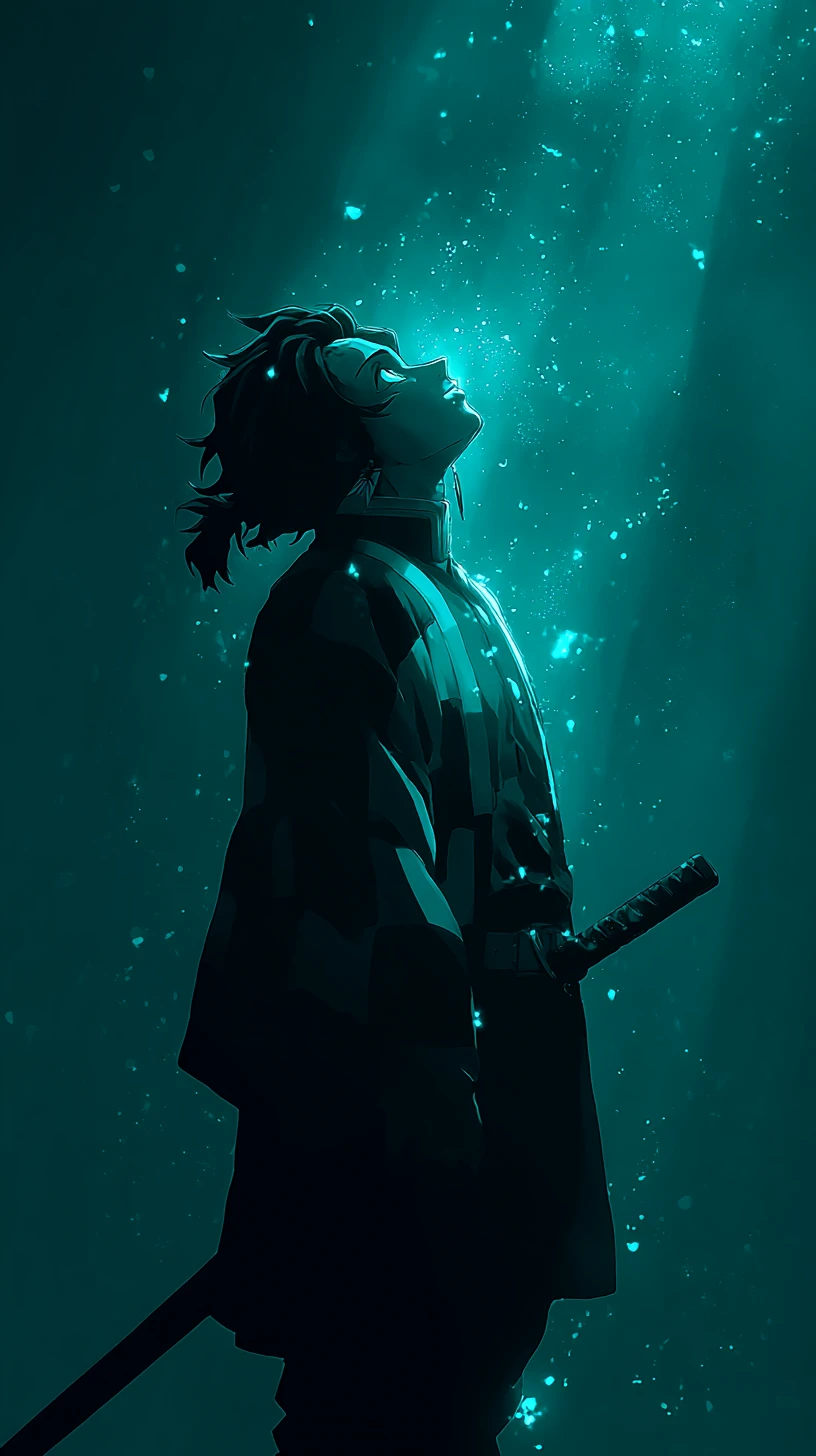 Anime swordsman in profile against glowing teal cosmic void