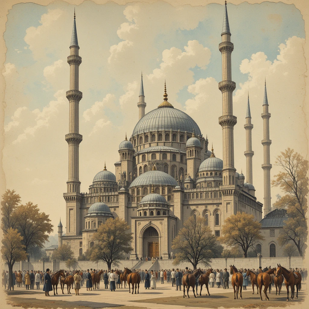 Veduta in acquerello seppia della Moschea Blu con vivace primo piano