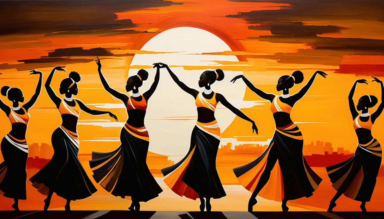 African dancers in silhouette against glowing orange sky