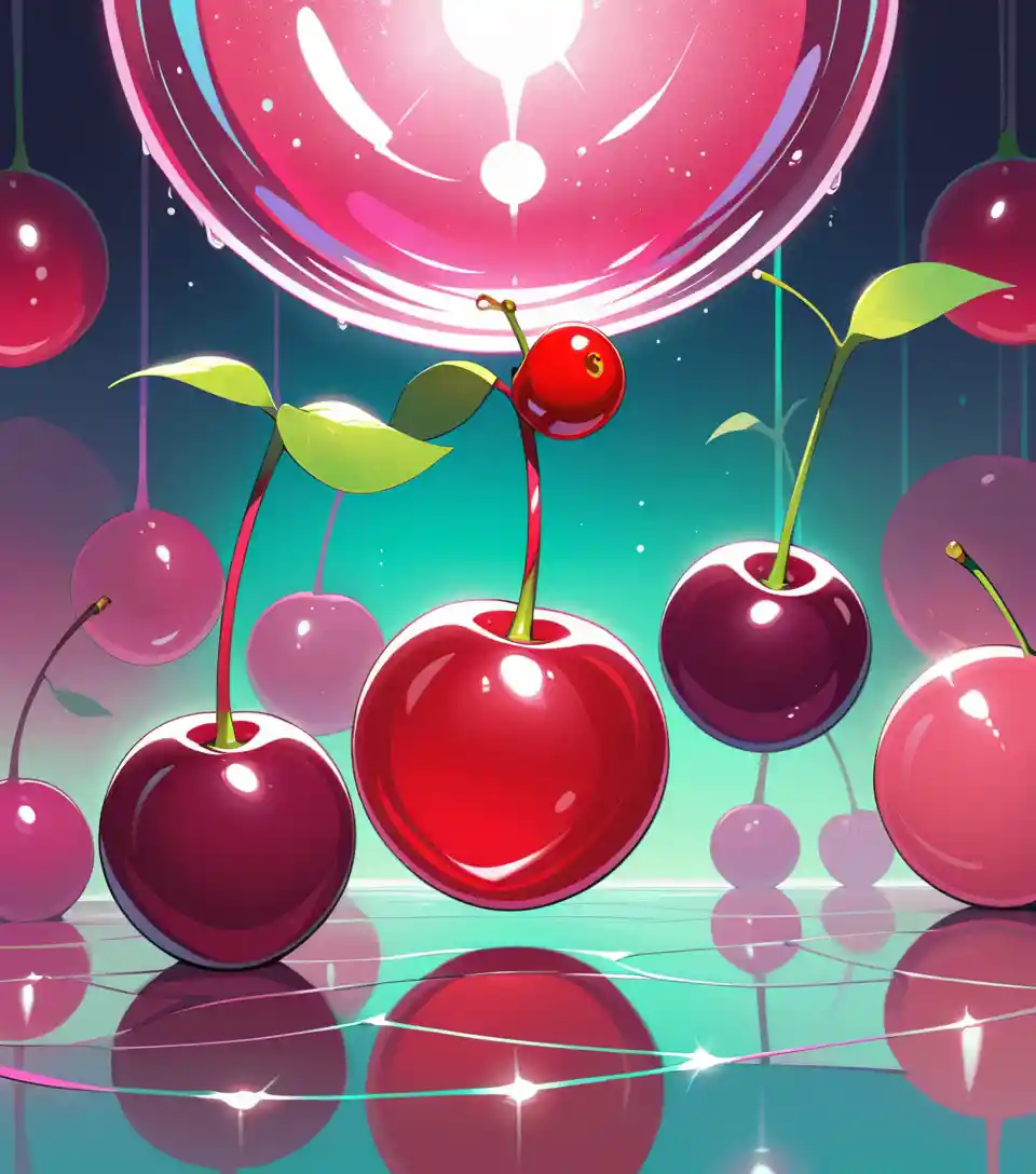 Twin glassy cherries glowing in a radiant red space