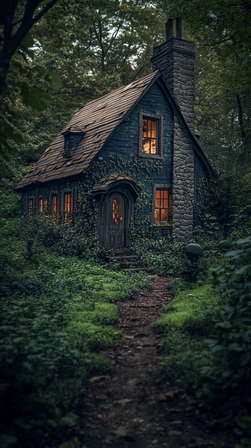 Vecchio cottage muschioso che brilla debolmente in una foresta infestata