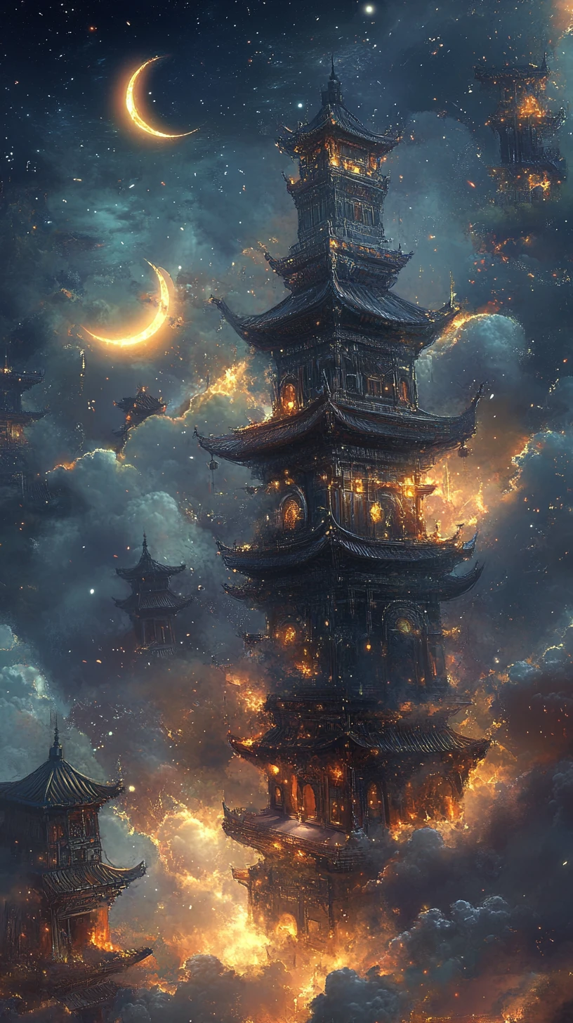 Himmlische asiatische Architektur aus Wolken und Mondlicht