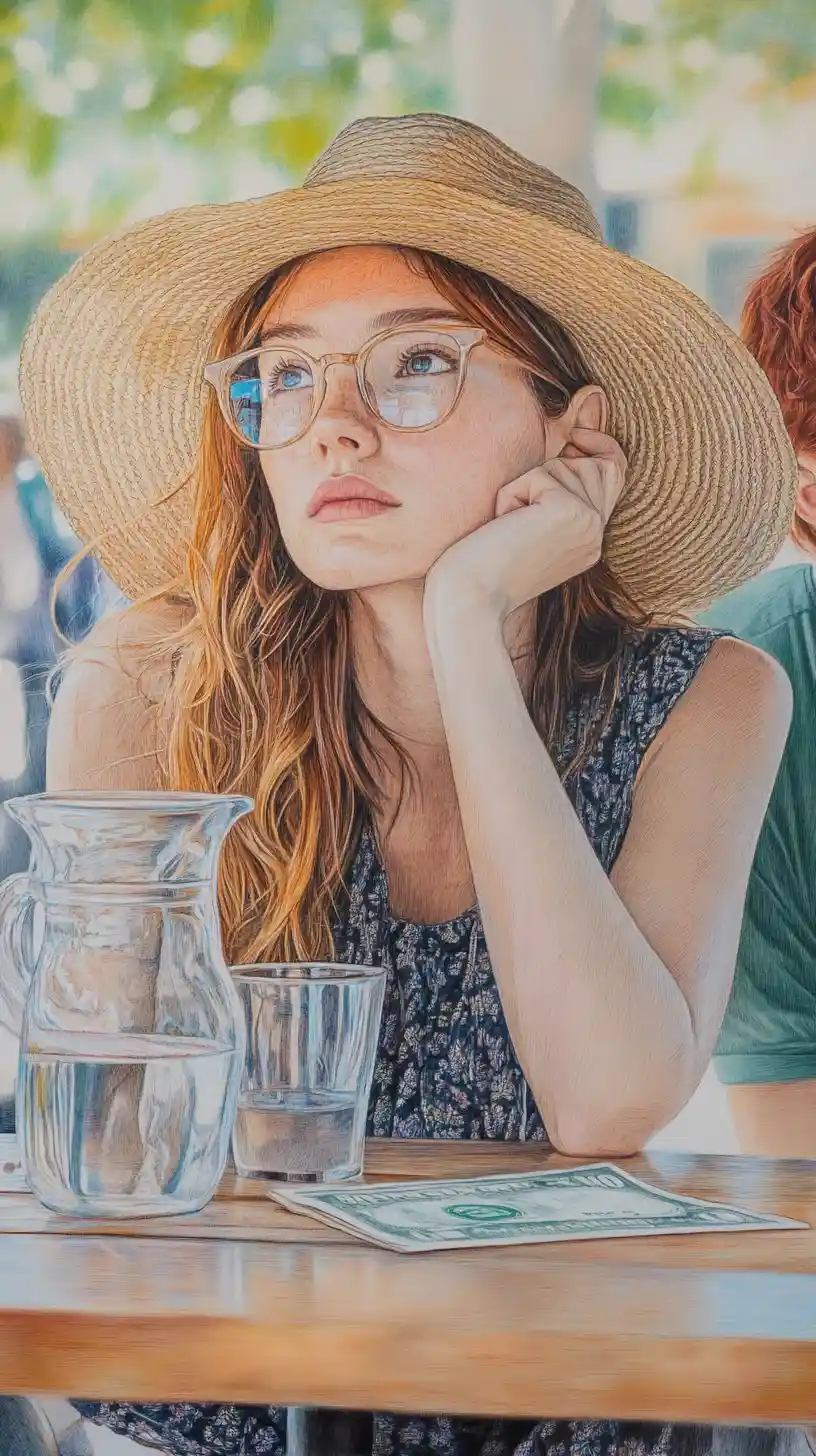 Melancholic woman at a quiet outdoor cafe table