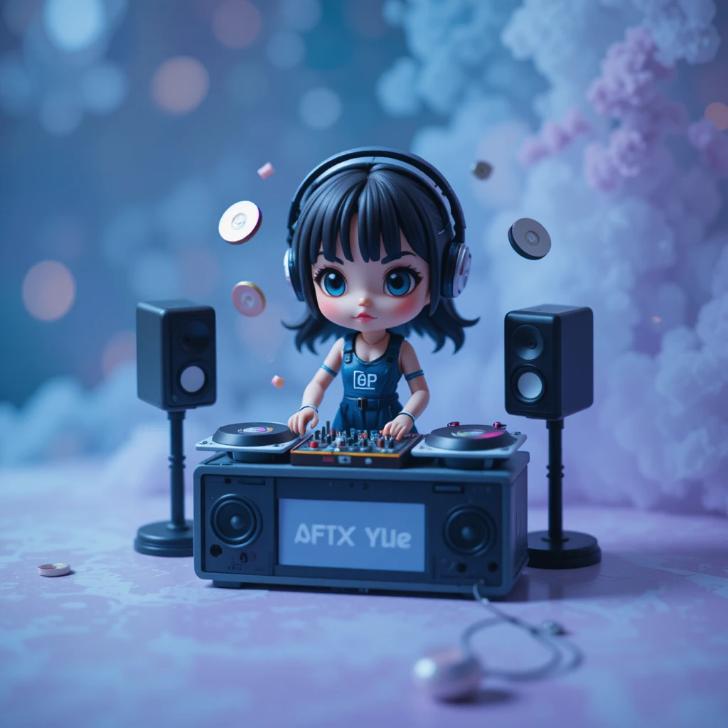 Chibi girl DJ figurine on a tiny cubic stage
