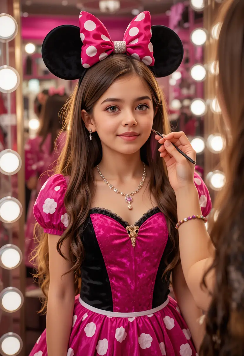 Giovane ragazzo con abito rosa di Minnie truccato in boutique