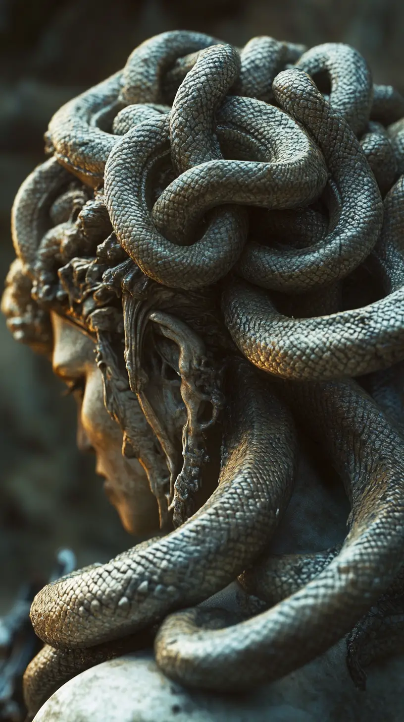 Nahaufnahme von Medusa mit sich windenden Schlangen und erstarrtem Krieger