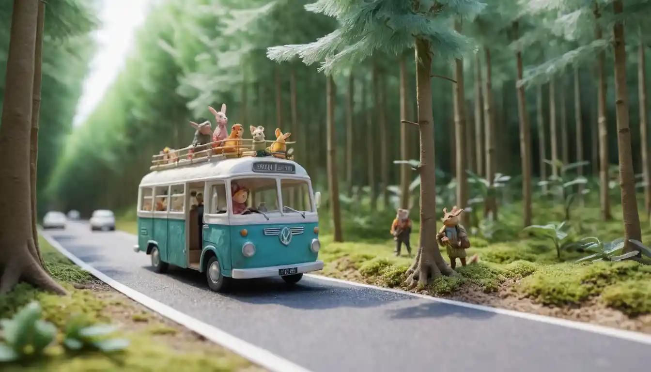 Colorful clay characters riding a bus on summer highway