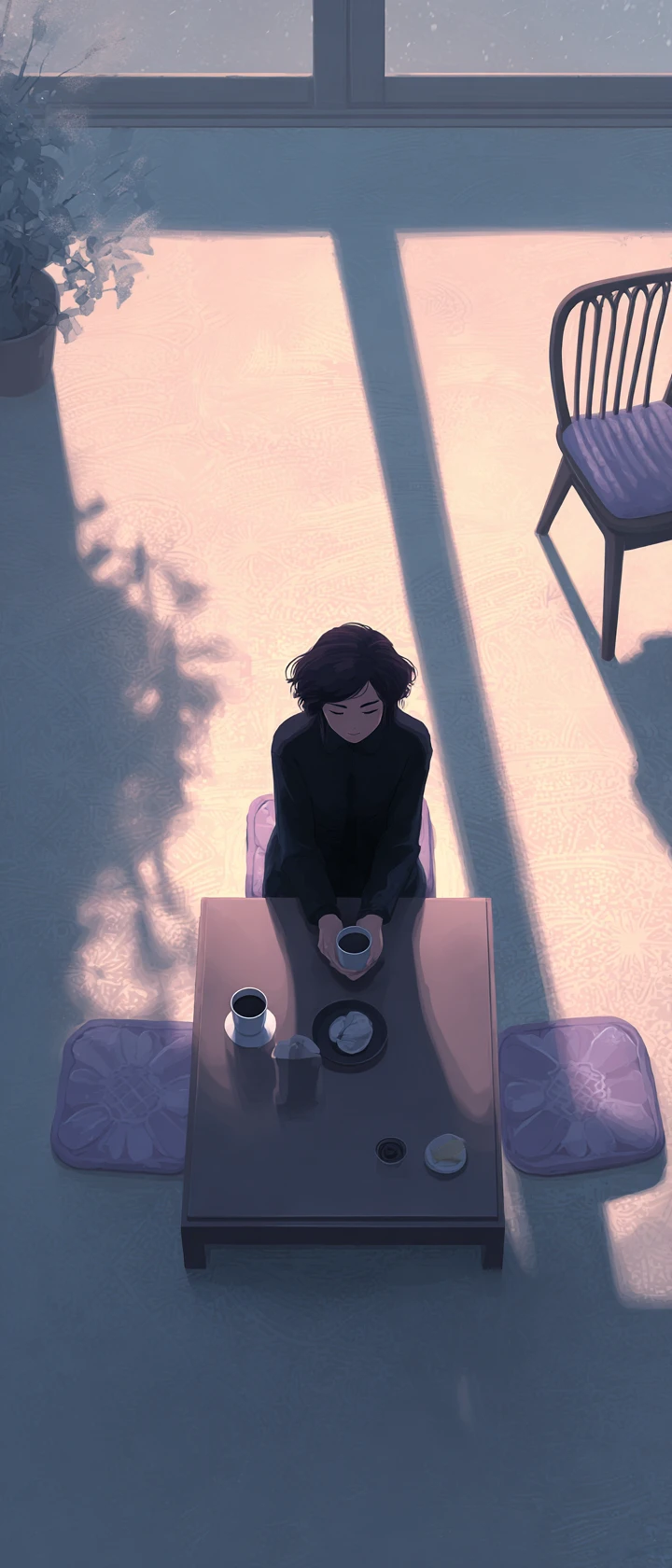 Sad woman at kotatsu table in a quiet winter room