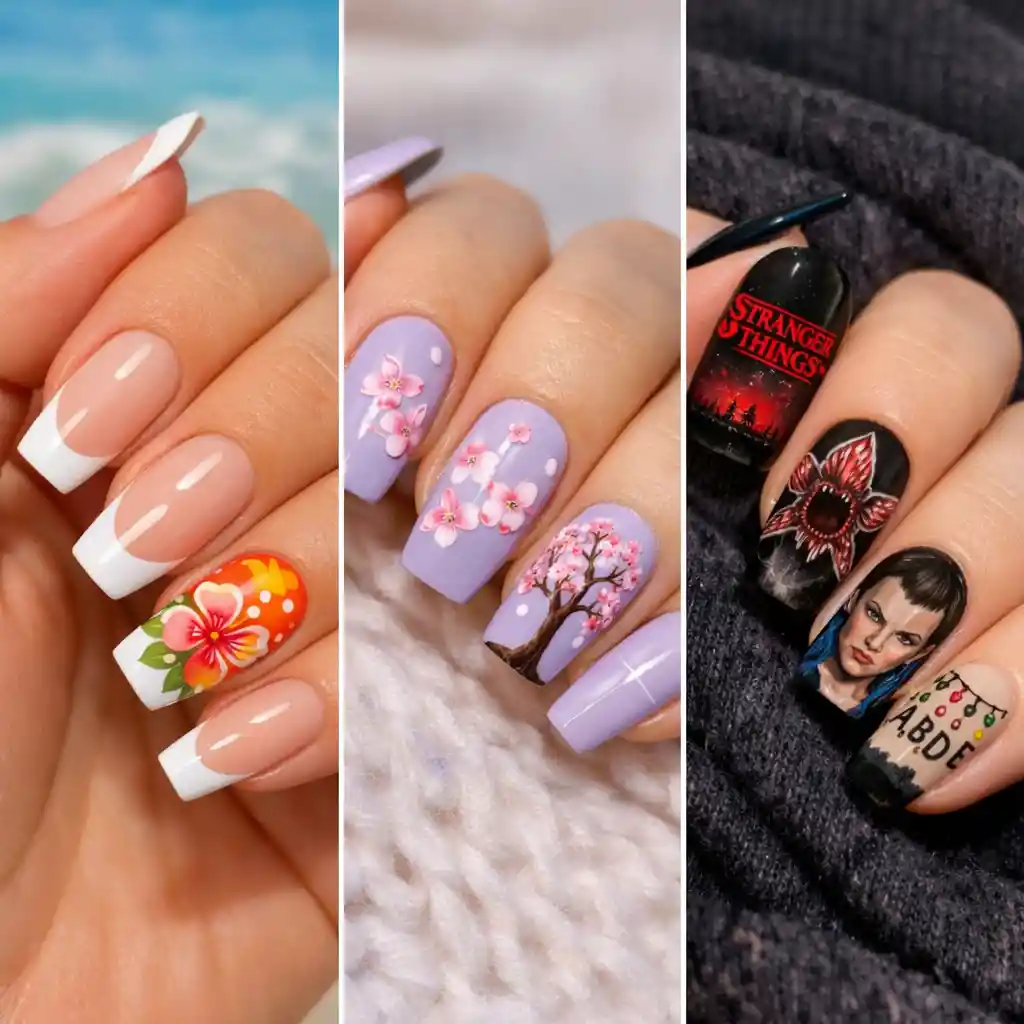 Triple split nail art design with floral and themed tips