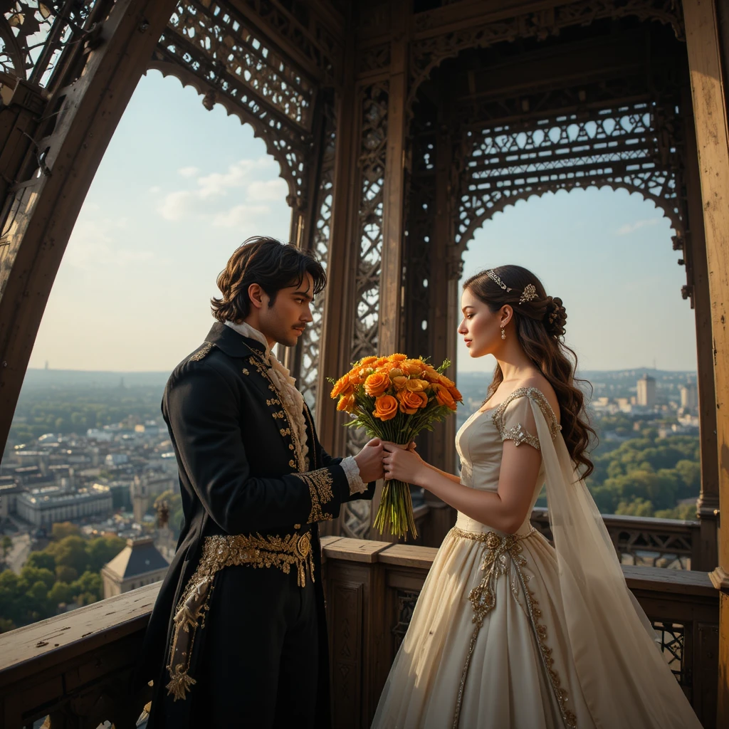 Uomo che offre un bouquet di fiori fritti sotto la Torre Eiffel