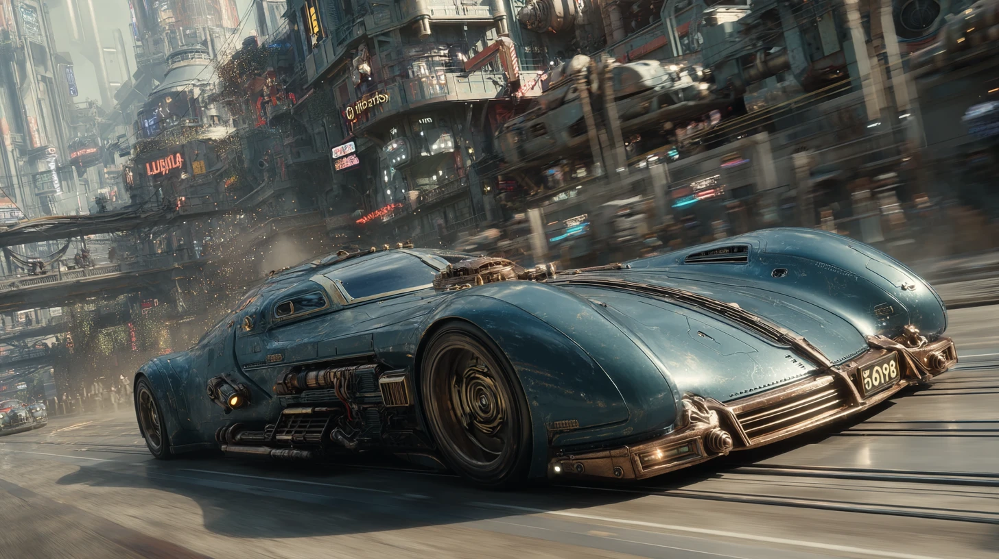 Retrofuturistic steampunk racing car in a cyberpunk cityscape