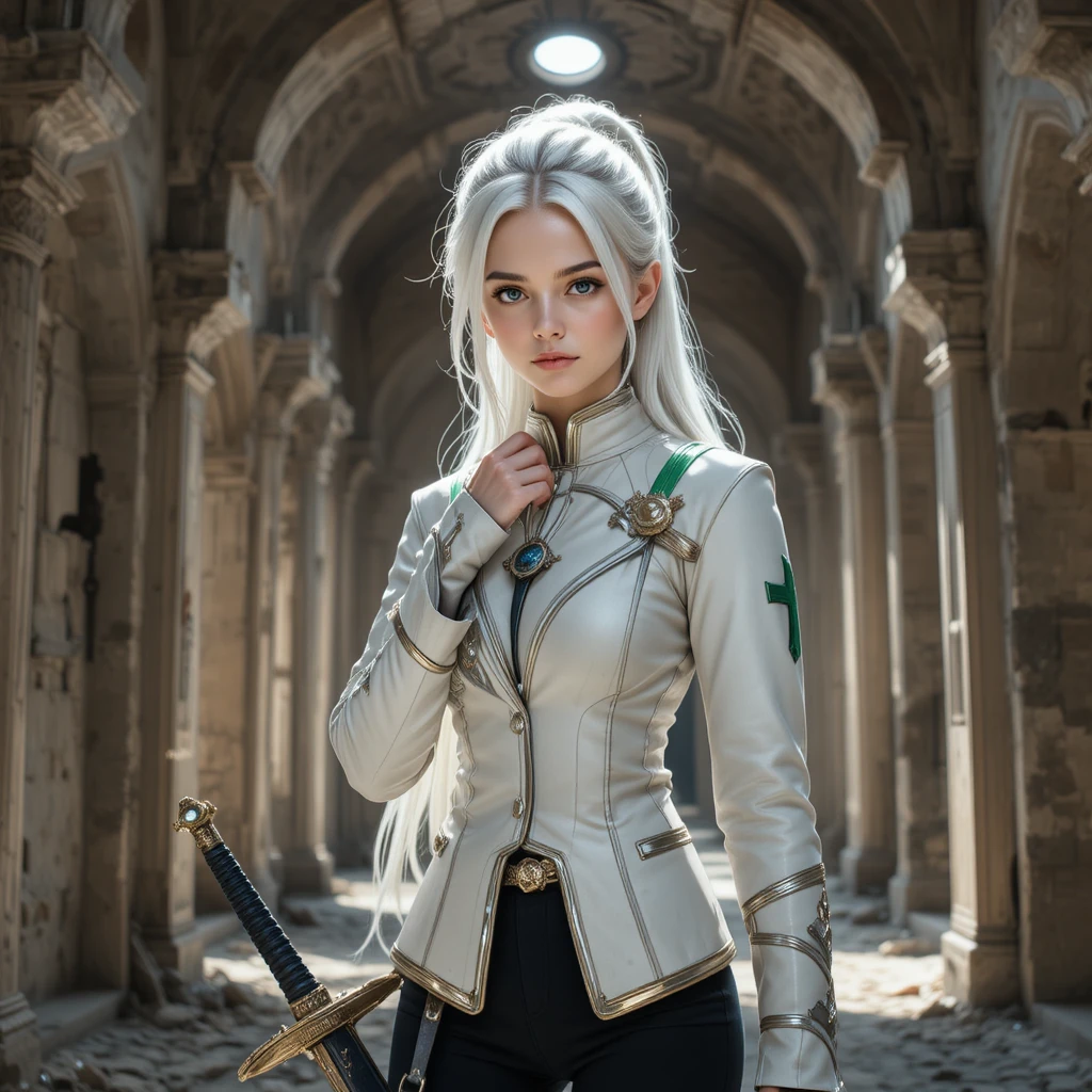 White haired warrior woman in sunlit ancient temple