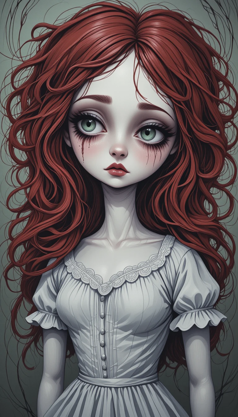 Melancholisches Porzellanmädchen mit purpurroten Locken und Träne