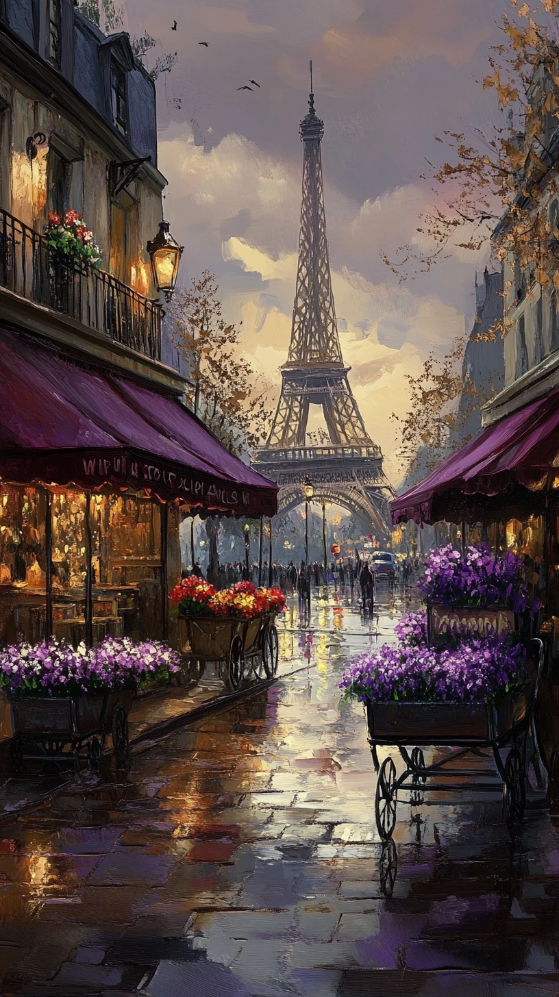 Romantic Paris street with Eiffel Tower and purple flower carts