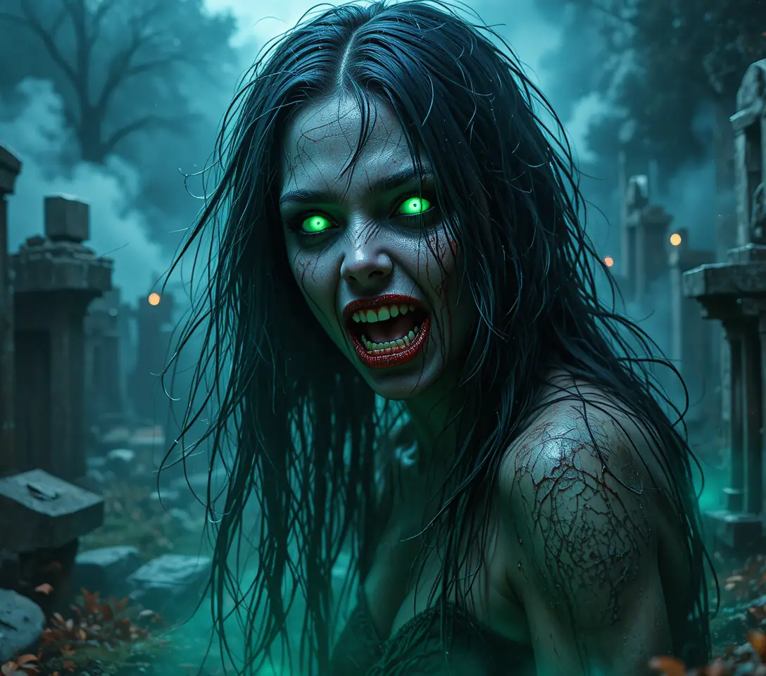 Donna zombi con occhi verdi luminosi in un cimitero oscuro