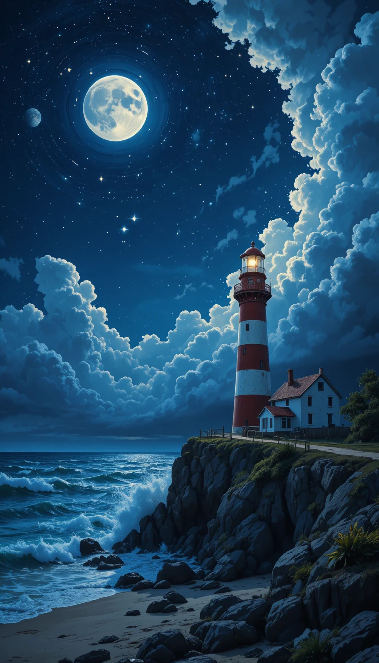 Lighthouse glowing over a stormy zentangle night sea