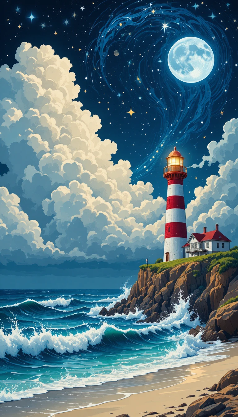 Lighthouse glowing over a stormy sea under starry clouds