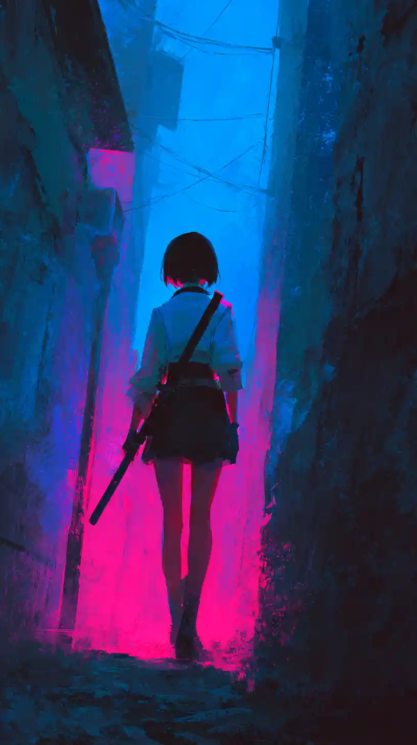 Cyberpunk anime girl with sword in neon alley