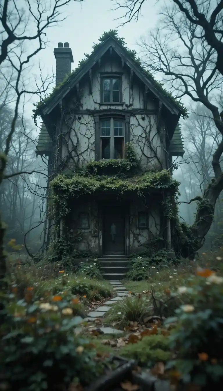 Ancient cottage at the edge of a wild overgrown garden