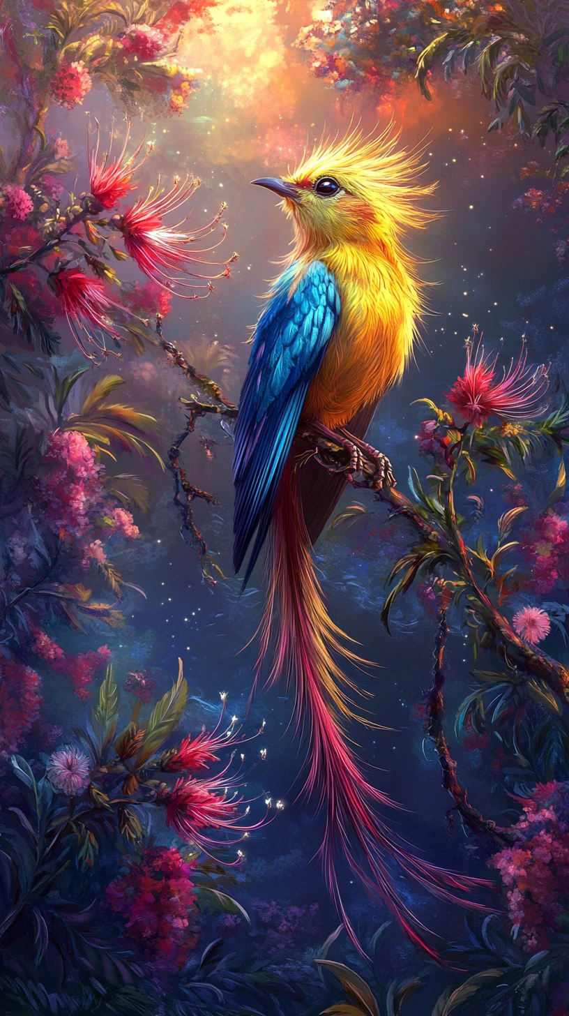Golden blue songbird on flowering branch in fantasy illustration