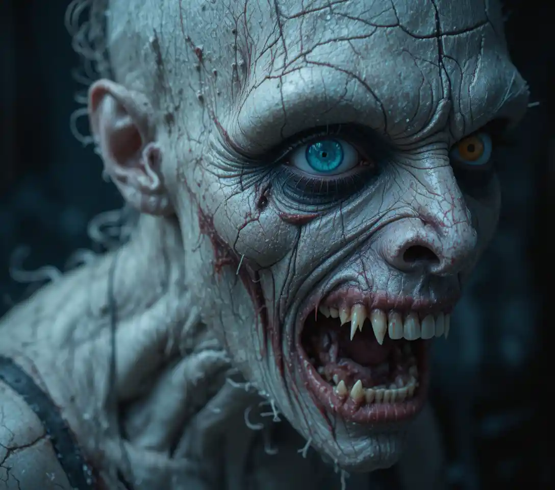 Close up of a decaying zombie creature with sharp fangs